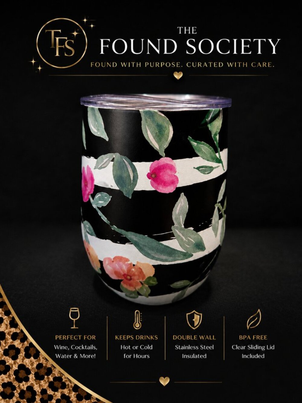 NWT Floral Insulated Stemless Wine Tumbler Black White Pink Peach w/ Lid